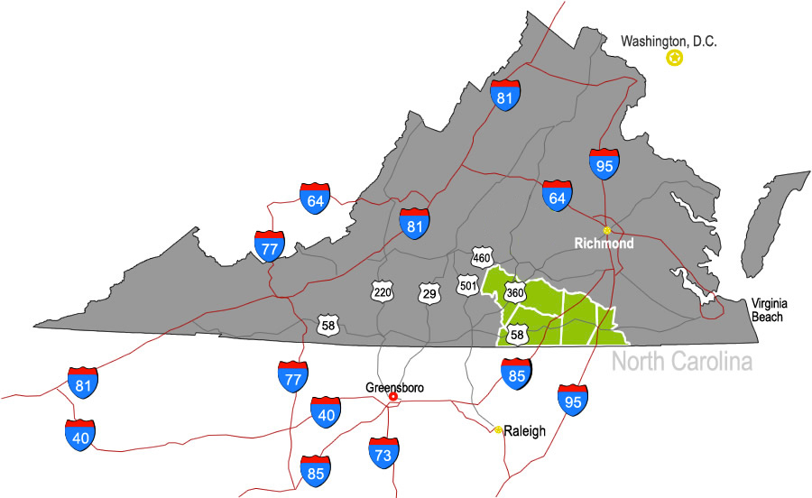 Map of Virginia's Growth Alliance economic development region showing highways & interstates