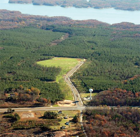 An aerial view of the Lakeside Commerce Park located near the Town of Clarksville Virginia